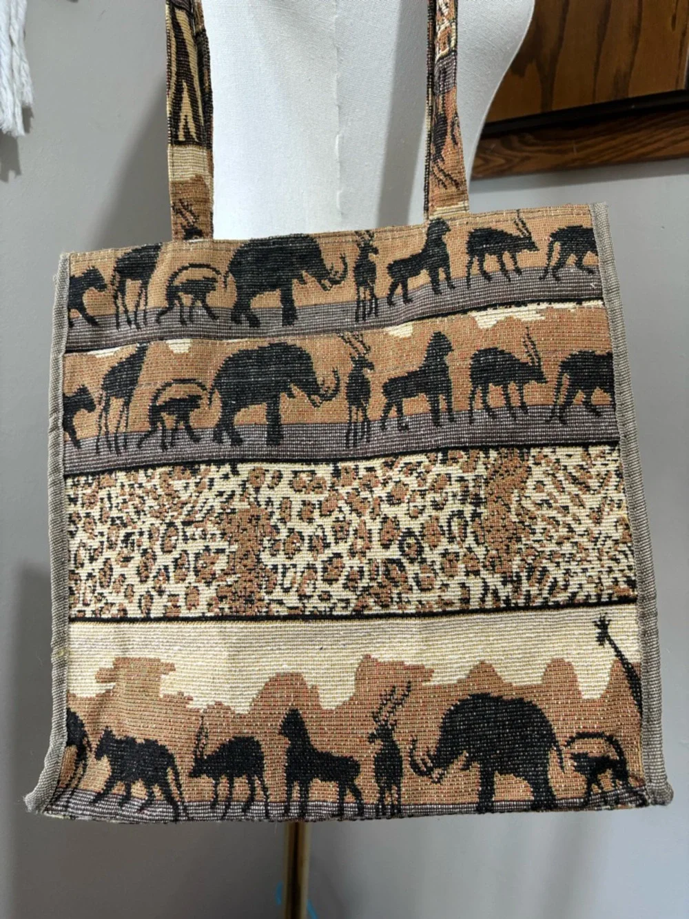 Jade Safari Shoulder Tote in Tan & Brown African Print Elephants Leopard Zebra